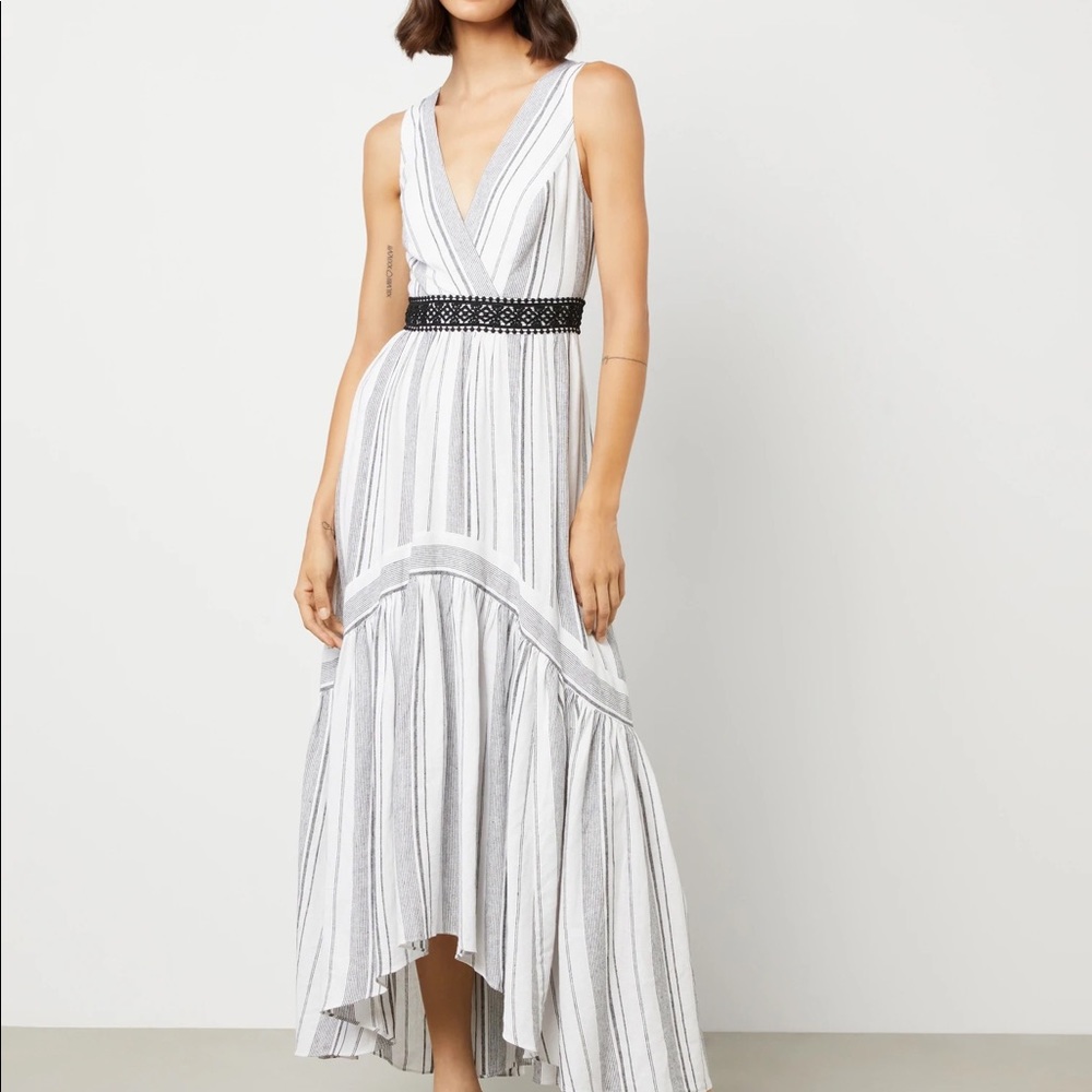 BCBGMAXAZRIA Maxi Dress with Cinched Waist and High Low Hem, Off White Combo, 2